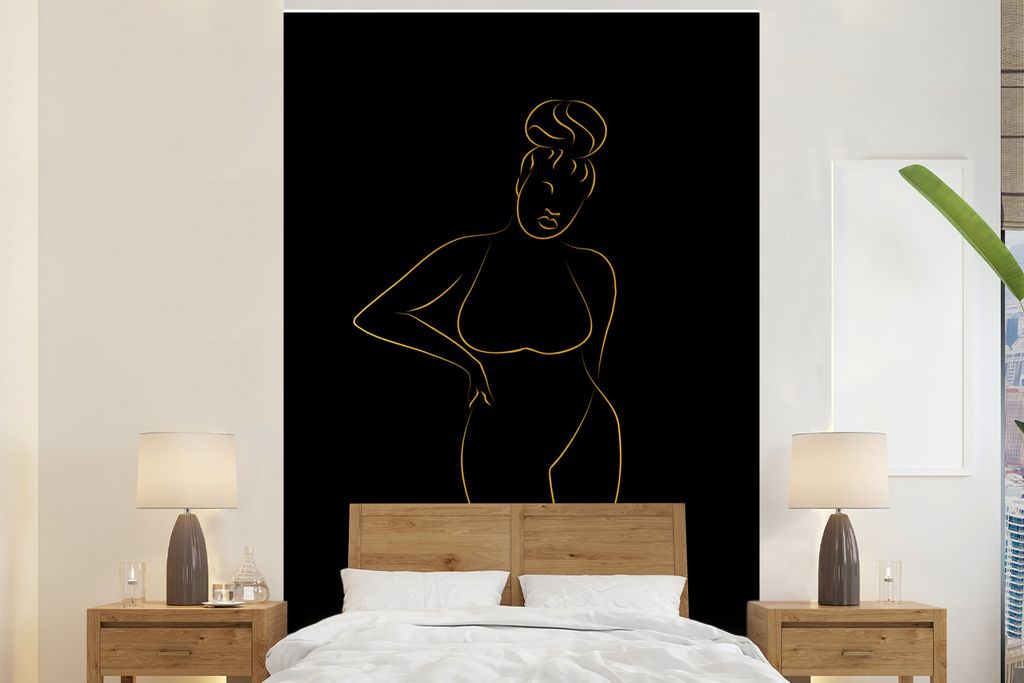 MuchoWow Fototapete für Wohnzimmer oder Schlafzimmer Wandtapete Vinyl Motivtapete Frau - Schwarz - Gold - Strichzeichnung - 145x220 cm - Wanddek...
