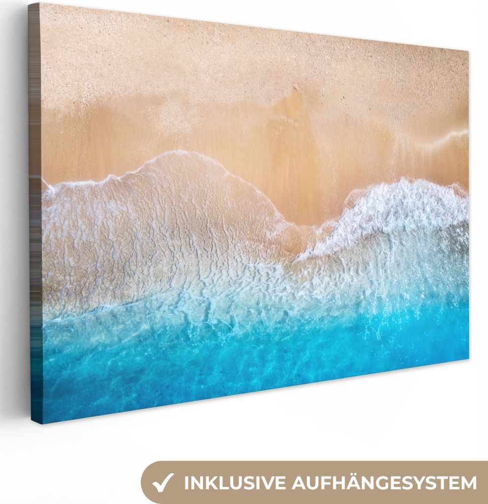 MuchoWow - Leinwandbilder - Strand - Meer - Sand - Sommer - Blau - Wellen, Wandbild, Wanddeko Bilder Wohnzimmer, 120x80 cm