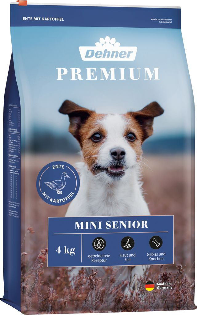 Dehner Premium Hundefutter Senior, Trockenfutter getreidefrei, für ältere Hunde kleiner Rassen, Ente / Lamm / Kartoffel, 4 kg