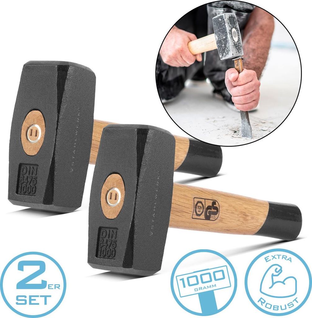 STAHLWERK Fäustel 2er Set mit 1000 g Hammerkopf aus lackiertem, gehärtetem Kohlenstoffstahl – Plattenhammer mit bruchfestem Hartholzstiel, Vors...