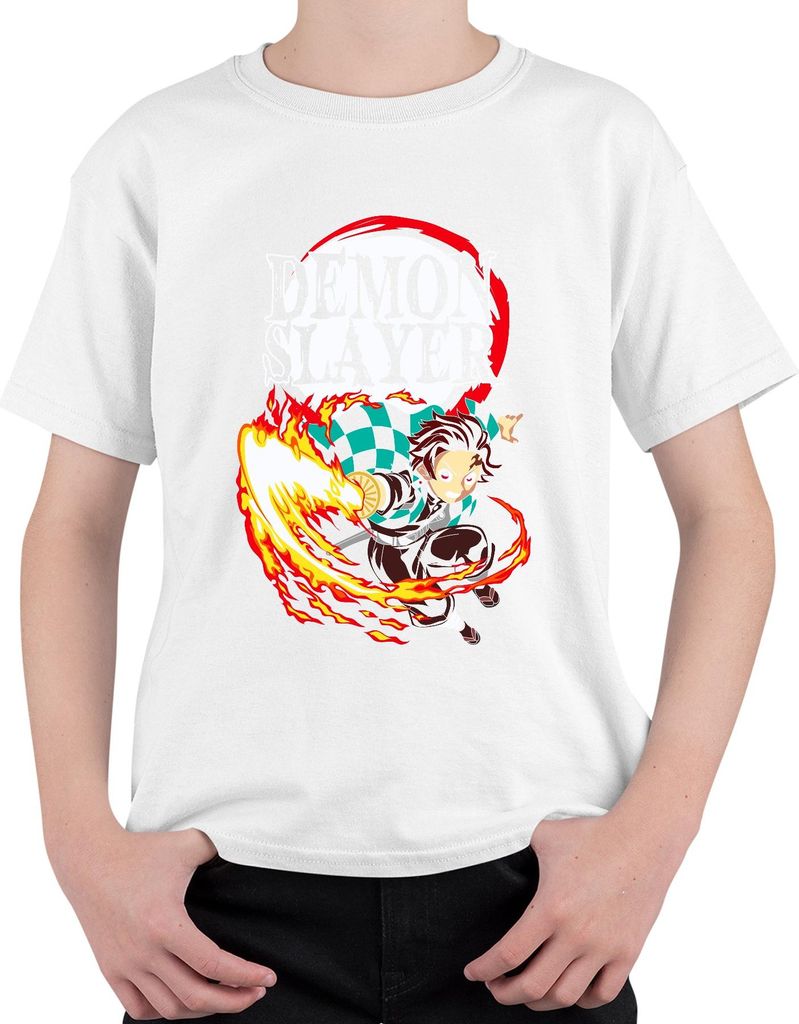 Demon Slayer Tanjiro Kamado Hinokami Kagura Anime Geschenk Uni Kinder T-Shirt, Weiß, 152
