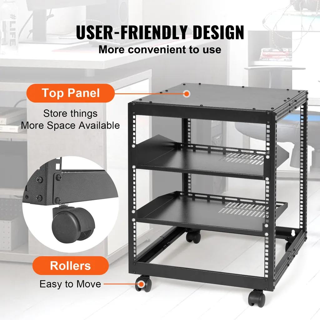 Rack Réseau 12U Profondeur Variable 38-101 cm avec Roulettes et Fixation