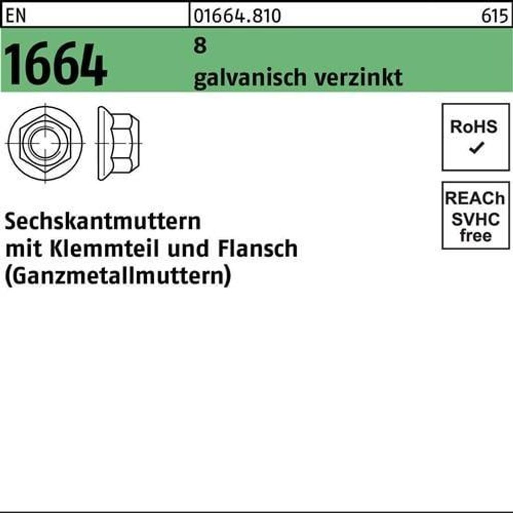 Reyher  Sechskantmuttern EN 1664 Kl.8 M 10 SW 16 vz (100 Produktbild 