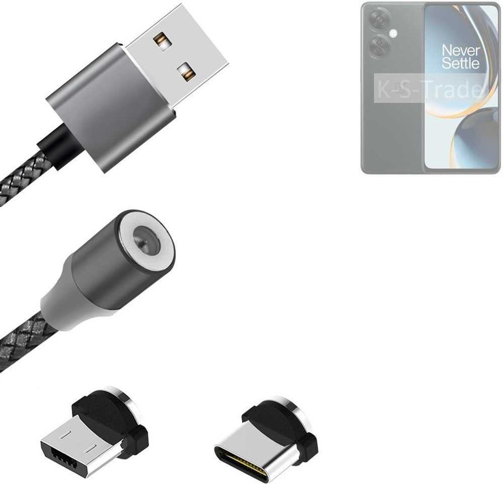 K-S-Trade Hochwertiges Magnet-Lade-kabel Sync-Kabel Daten-Kabel kompatibel mit OnePlus Nord N30 5G mit USB-Typ-C-Anschluss und Micro-USB-Anschluss 2A