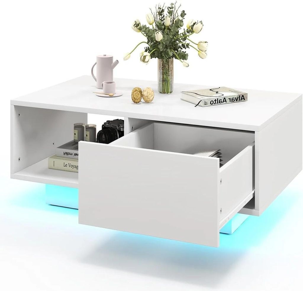Couchtisch - Wohnzimmertisch - LED-Beleuchtung mit 20 Farben - Hochglanz - Schublade & Stauraum - Weiß