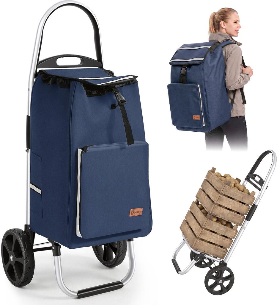 Sekey 50L Aluminium Trolley Faltbar Einkaufstrolley Klappbar, Shopping Trolley, Rucksack, Kühlfach - Blau