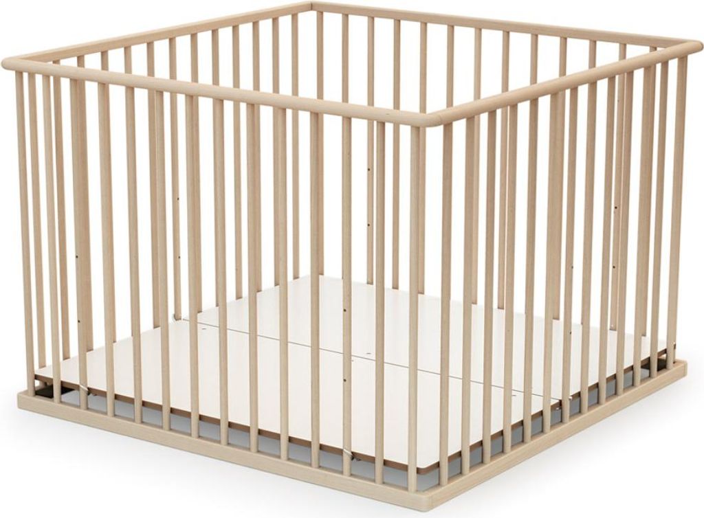 WEBABY - Laufstall Baby CUBO Holz 100x100 Buche Natur |Laufgitter XXL mit Boden 3 Stufen Höhenverstellbar| Weniger als 24 Monate alt