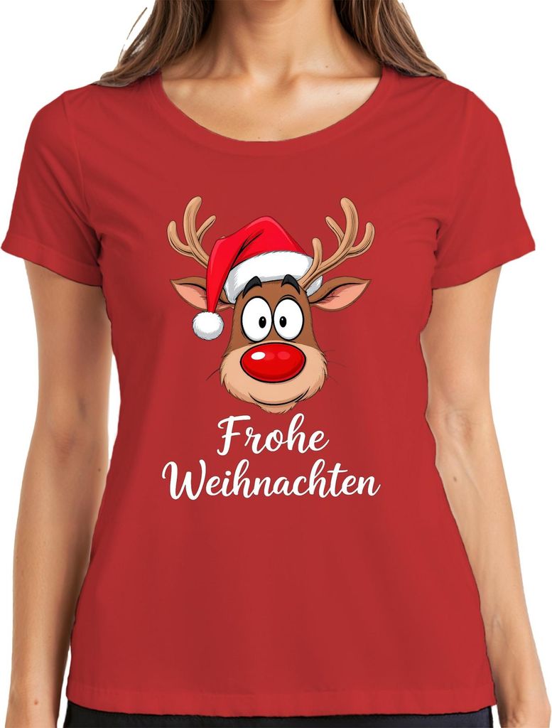 Frohe Weihnachten Rentier Rudolf Cartoon Niedlich Lustig Geschenk Damen T-Shirt, Rot, 3XL