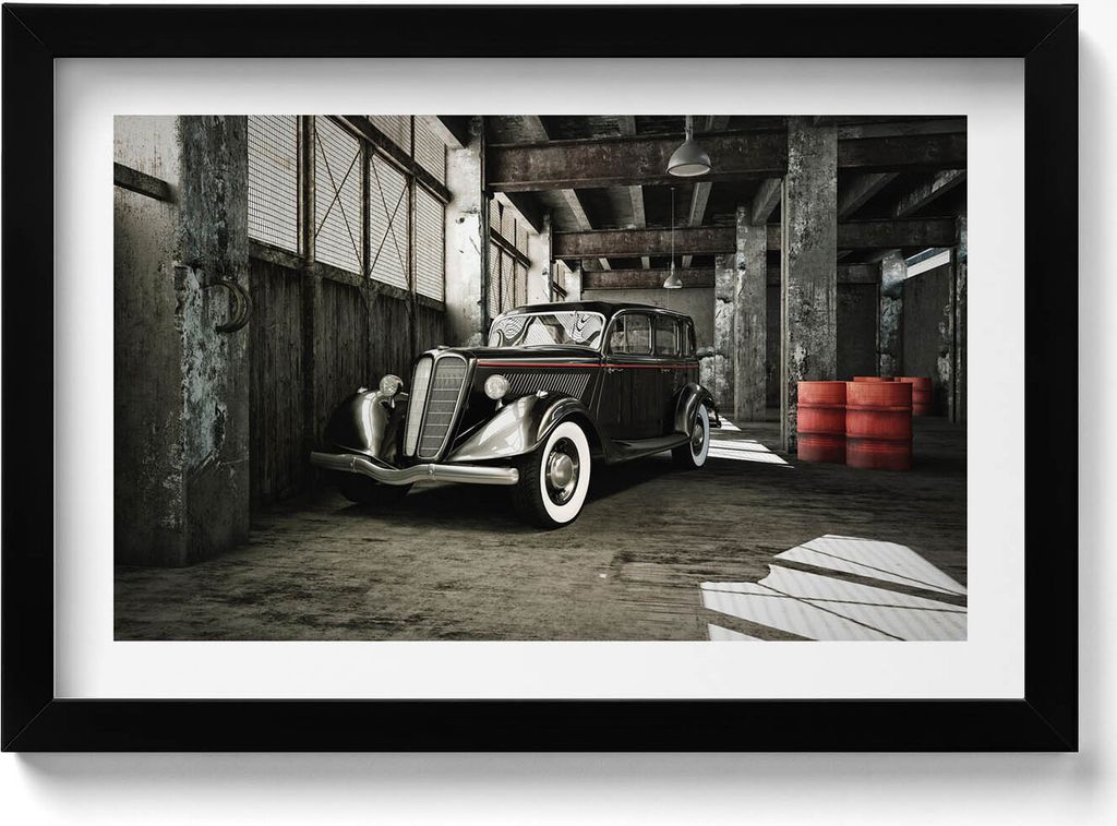 Oldtimer in einer alten Fabrik– Wandbild mit Rahmen – Gerahmtes Bild – Wanddekoration – 30x20 cm – Schwarz Rahmen