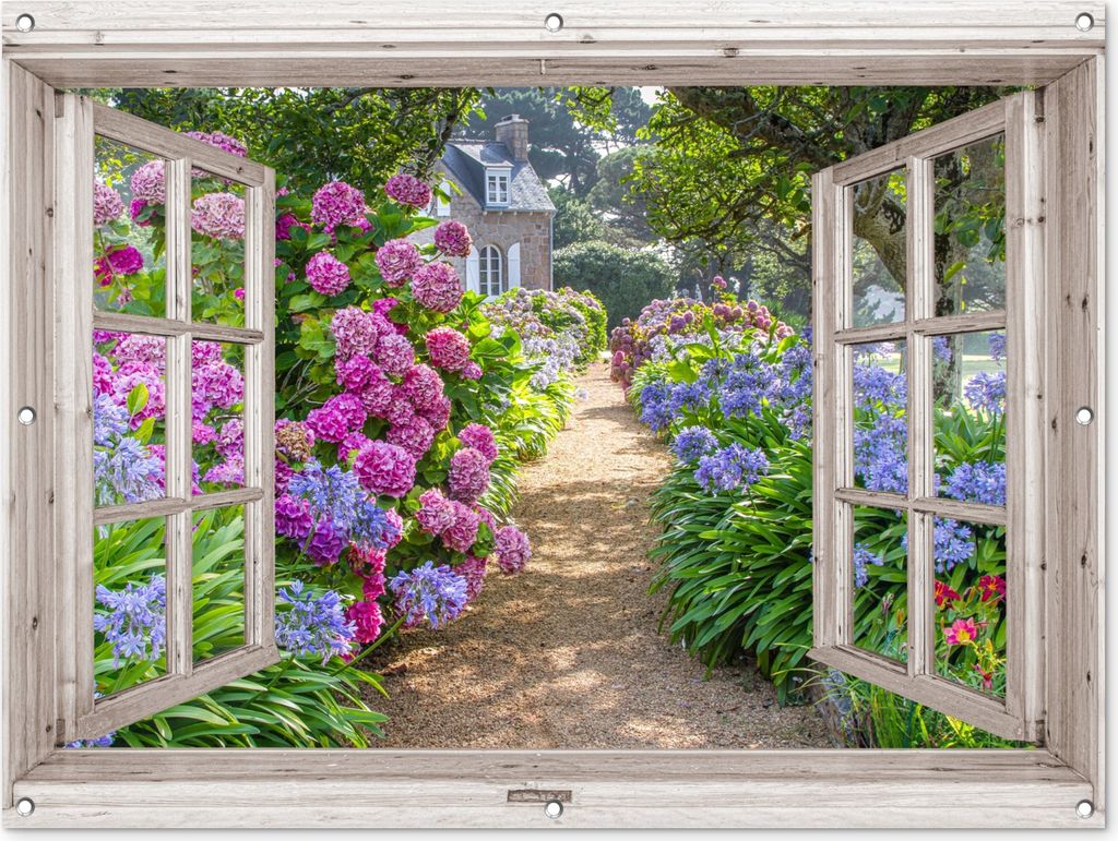 MuchoWow 120x90 cm Outdoor-Poster Gartendeko Sichtschutz Garten Poster für den Garten Hortensie - Durchsichtig - Blumen - Sommer - Lila - Weg