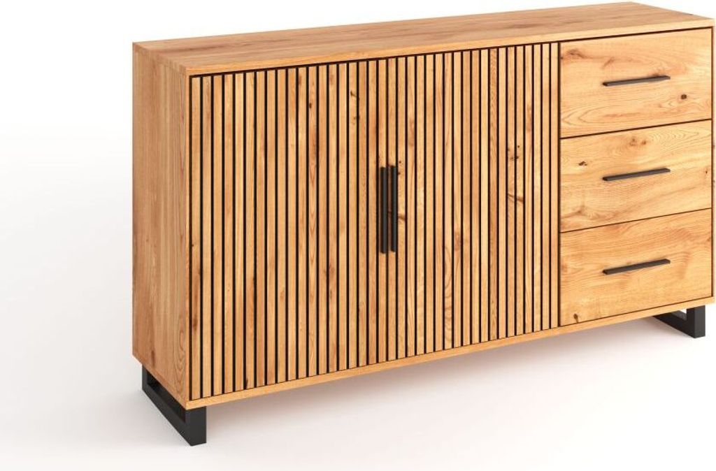 Kommode Sideboard Paula Eiche furniert Softclose Schattenfuge Schwarz NEU/OVP