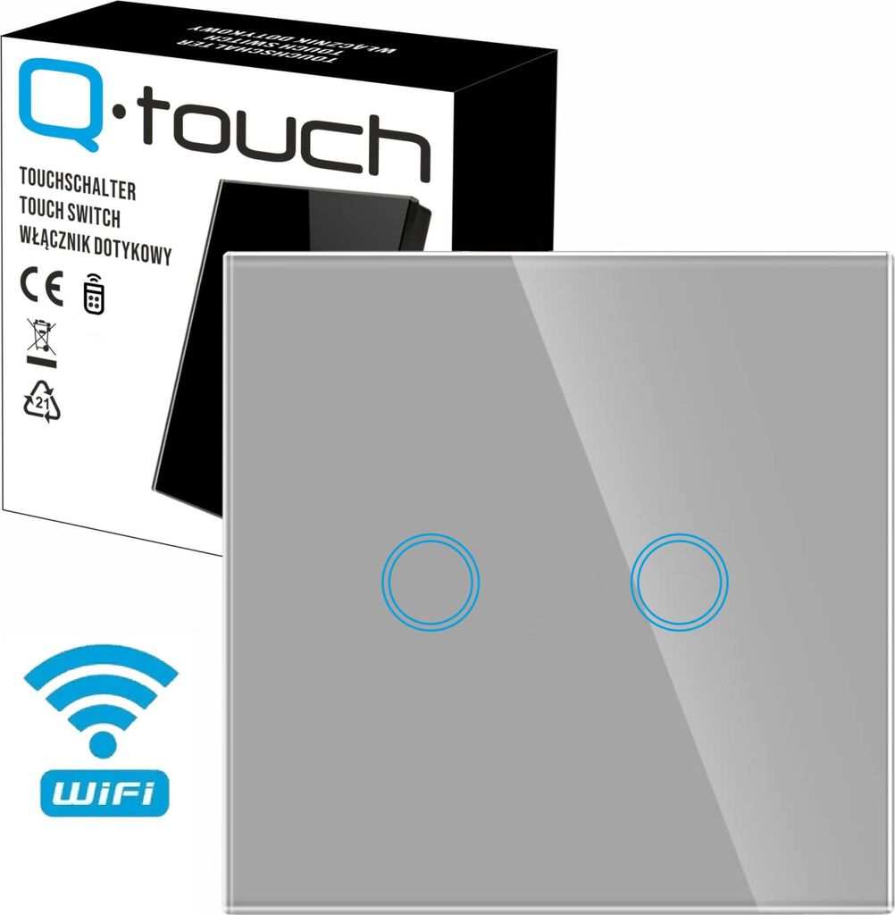 Glas Touch Lichtschalter Wandschalter WIFI 2-Fach Schalter LED silber mit WLAN und Fernbedienungsfunktion