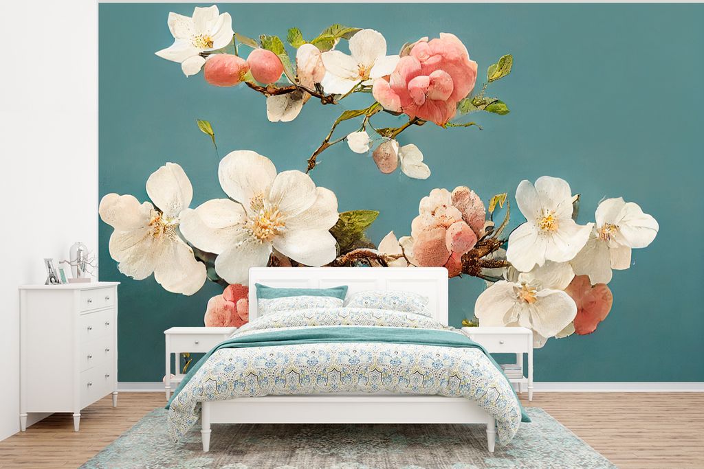 MuchoWow Fototapete für Wohnzimmer oder Schlafzimmer Wandtapete Vinyl Motivtapete Blumen - Blüte - Kirsche - Zweig - Weiß - 400x300 cm - Papie...