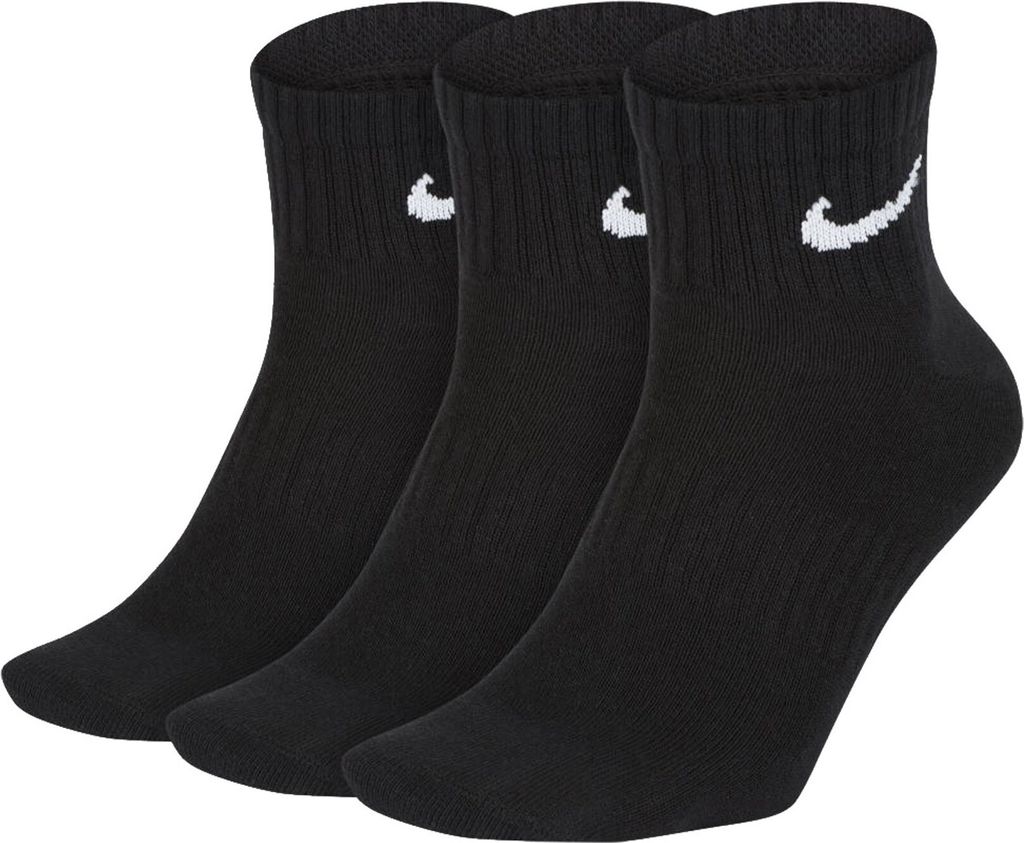 Three black Nike socks are shown from the front, angled slightly to the right.