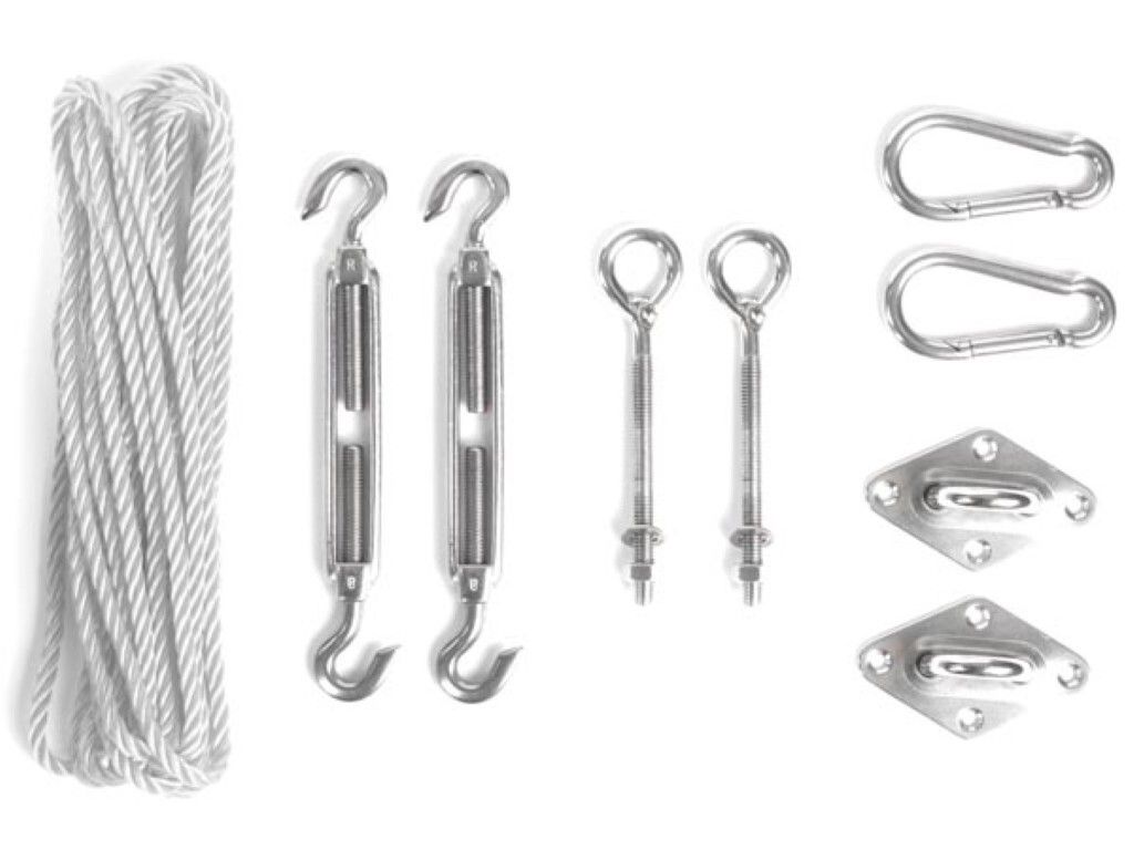 Perel Befestigungsset mit 2 Spannschlössern, 2 Augbolzen, 2 Augplatten, 2 Karabinerhaken, Nylon-Seil