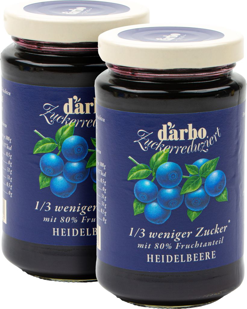Food-United FRUCHTAUFSTRICH zuckerreduziert von DARBO Heidelbeere 2x 250g Glas fruchtiger blueberries spread mit 1/3 weniger Zucker perfekt für Qu...