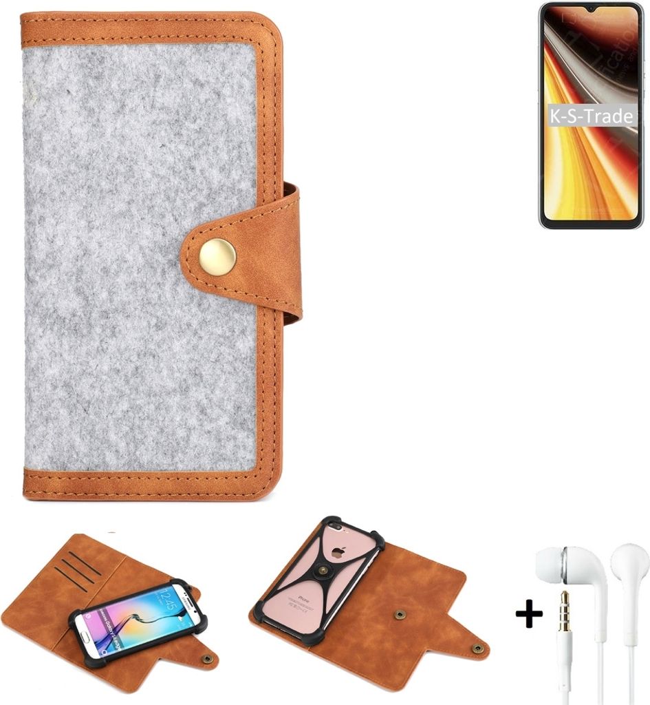 K-S-Trade Handyhülle + Kopfhörer kompatibel mit UMIDIGI Power 7 Max Schutzhülle Filz Hülle Kunstleder hellgrau braun (1x)