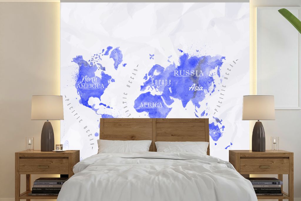 MuchoWow Fototapete für Wohnzimmer oder Schlafzimmer Wandtapete Vinyl Motivtapete Weltkarte - Abstrakt - Aquarell - 280x280 cm - Hintergrundbild