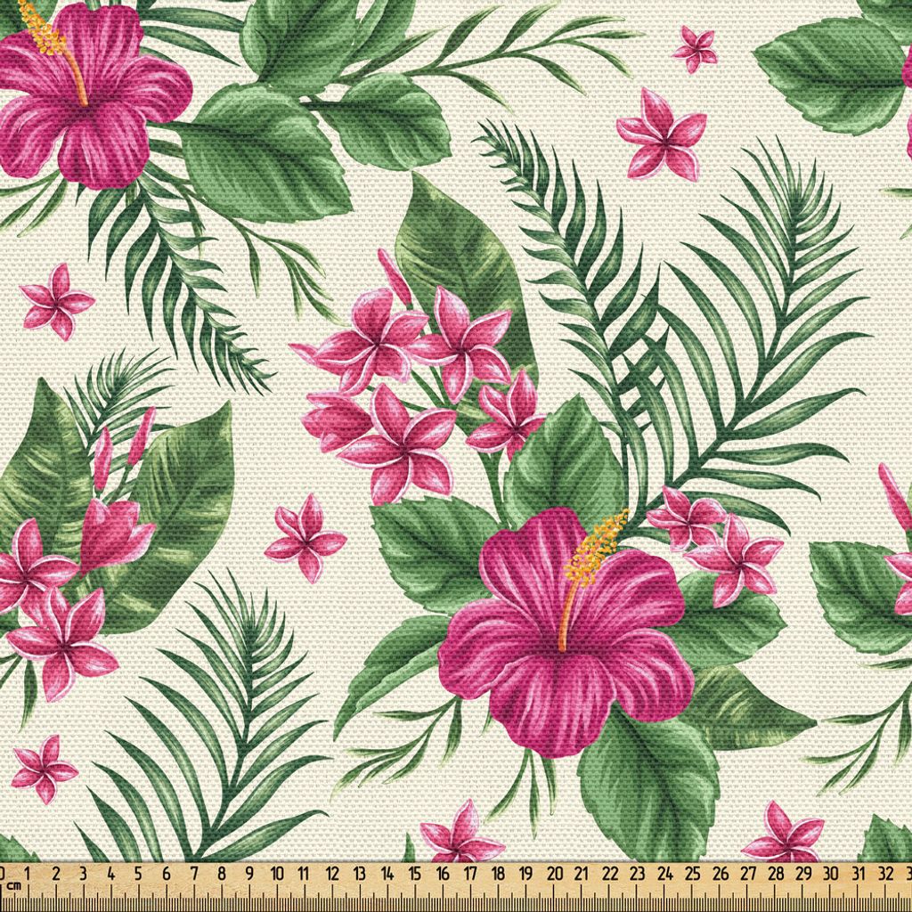 ABAKUHAUS Aquarell Gewebe als Meterware, Plumeria und Hibiscus-Flora-tropische Insel-Natur Aloha Hawaii Jungle, 1 M (148 x 100 cm), Magenta Creme G...