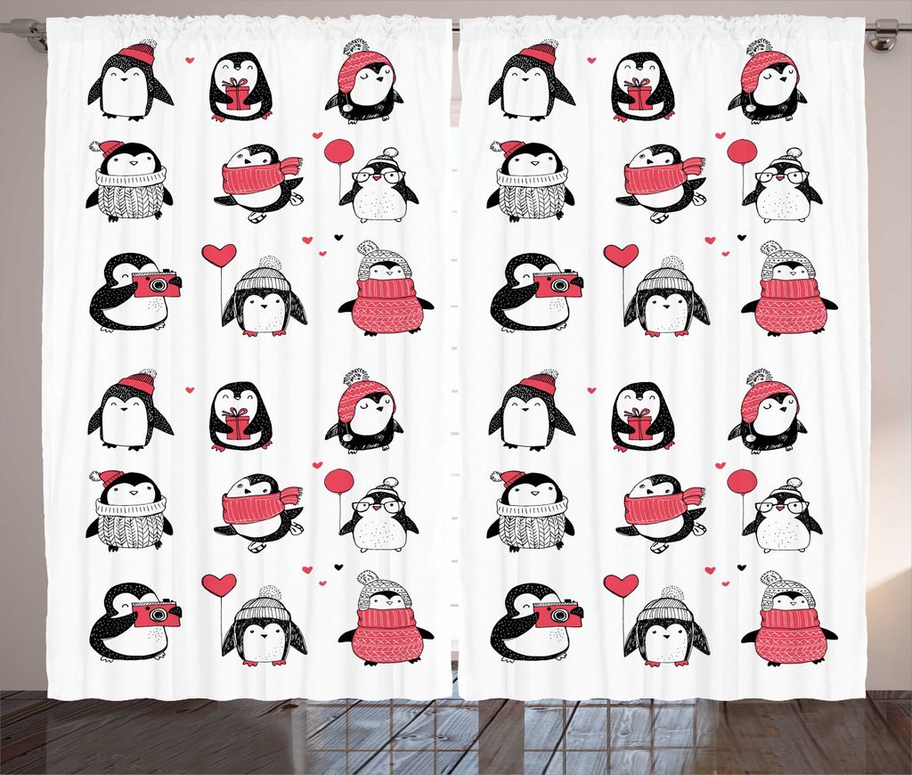 ABAKUHAUS Winter Rustikaler Gardine, Penguins Merry Xmas, Schlafzimmer Kräuselband Vorhang mit Schlaufen und Haken, 280 x 245 cm, Dunkle Koralle W...