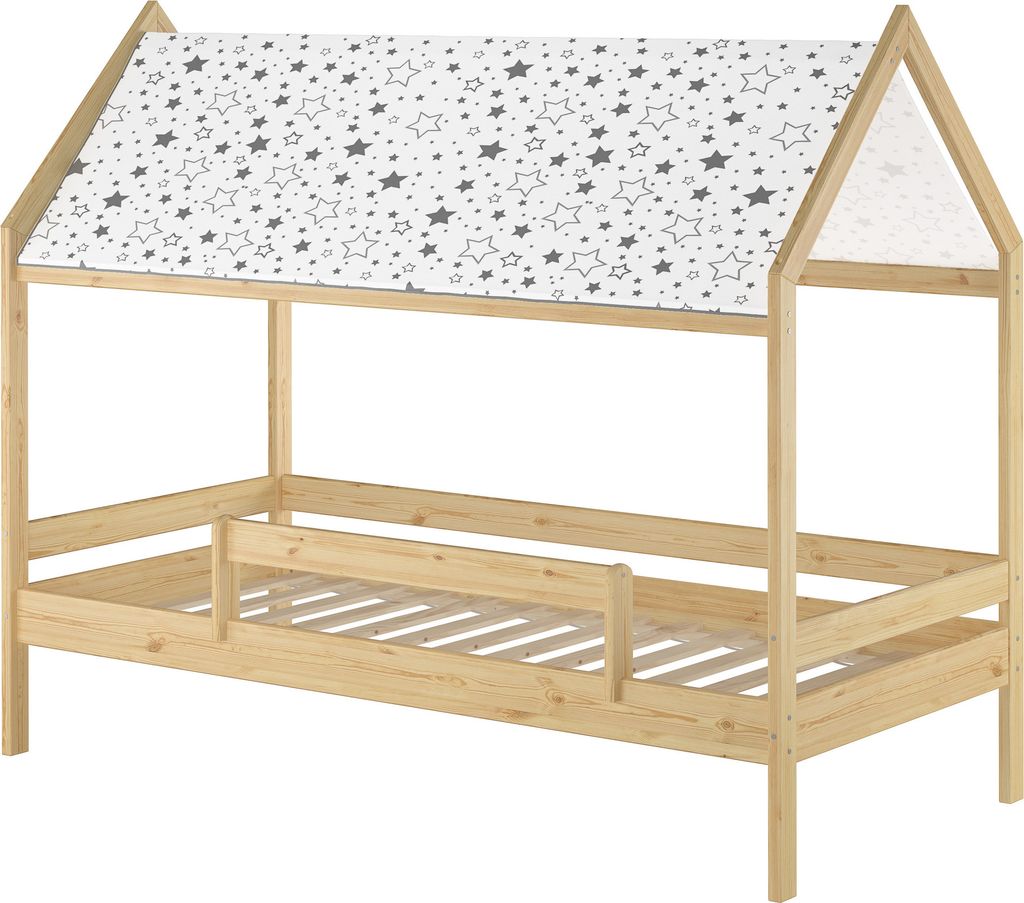 Holzbett mit Himmel u.Fallschutz Hausbett Kinderhaus 90x200 Bett Kiefer mass. weiteres Zubehör wählbar V-60.58-09 Federleisten