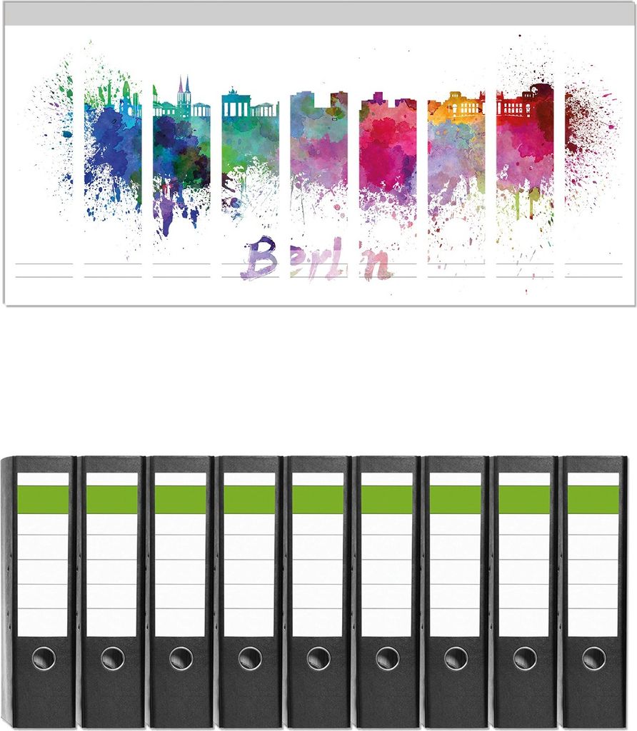 Wallario 9 Stück breite Ordner inkl. Klebeetiketten mit Motive Städte als Aquarell - Skyline von Berlin - Set mit Rückenschildern / Ordnerrück...