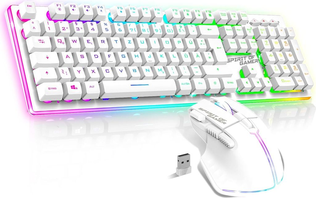 Gaming Tastatur Maus Set Kabellos Weiß Wiederaufladbar RGB | Layout QWERTZ Deutsch| Keyboard Semi Mechanisch | 4800 DPI Wireless Mouse | Für PS5,...