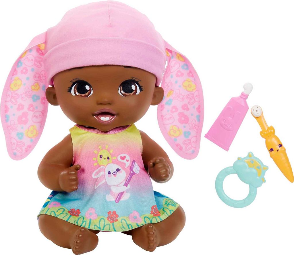 My Garden Baby Zahnputzspaß Hasen-Baby Puppe - Rosa (30 cm) mit 3 Zubehörteilen und 2-in-1-Wendekleid, blaue Mütze