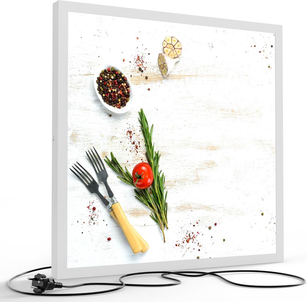 DEQORI LED-Bild & Lampe 60x60 cm Weiß 'Küchenkräuter und Gewürze' Leuchtbild LED Leuchte