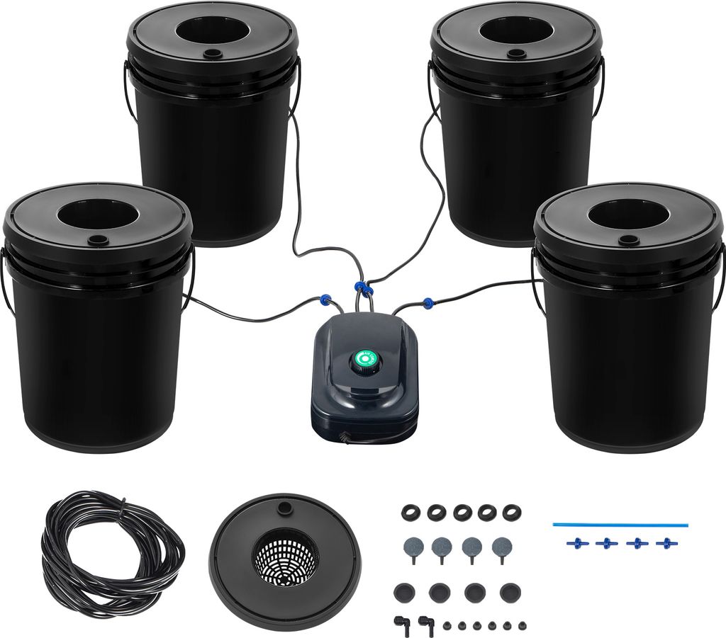 A hydroponic growing system with four buckets, an air pump, and various accessories, laid out on a white background.