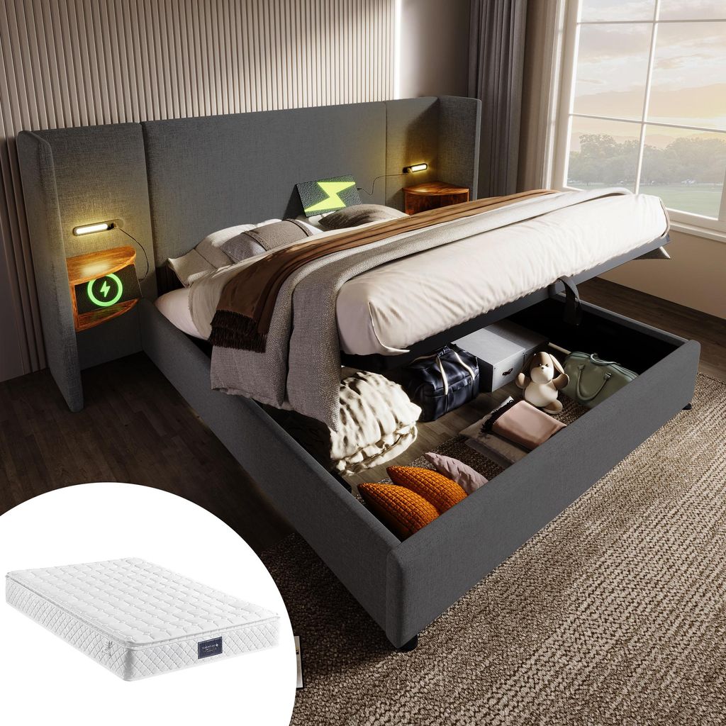 Polsterbett Doppelbett 160×200 mit Nachttisch , Leselampe und USB Type-C , Bettanlage Stauraumbett, Grau, LeinenMit Matratze