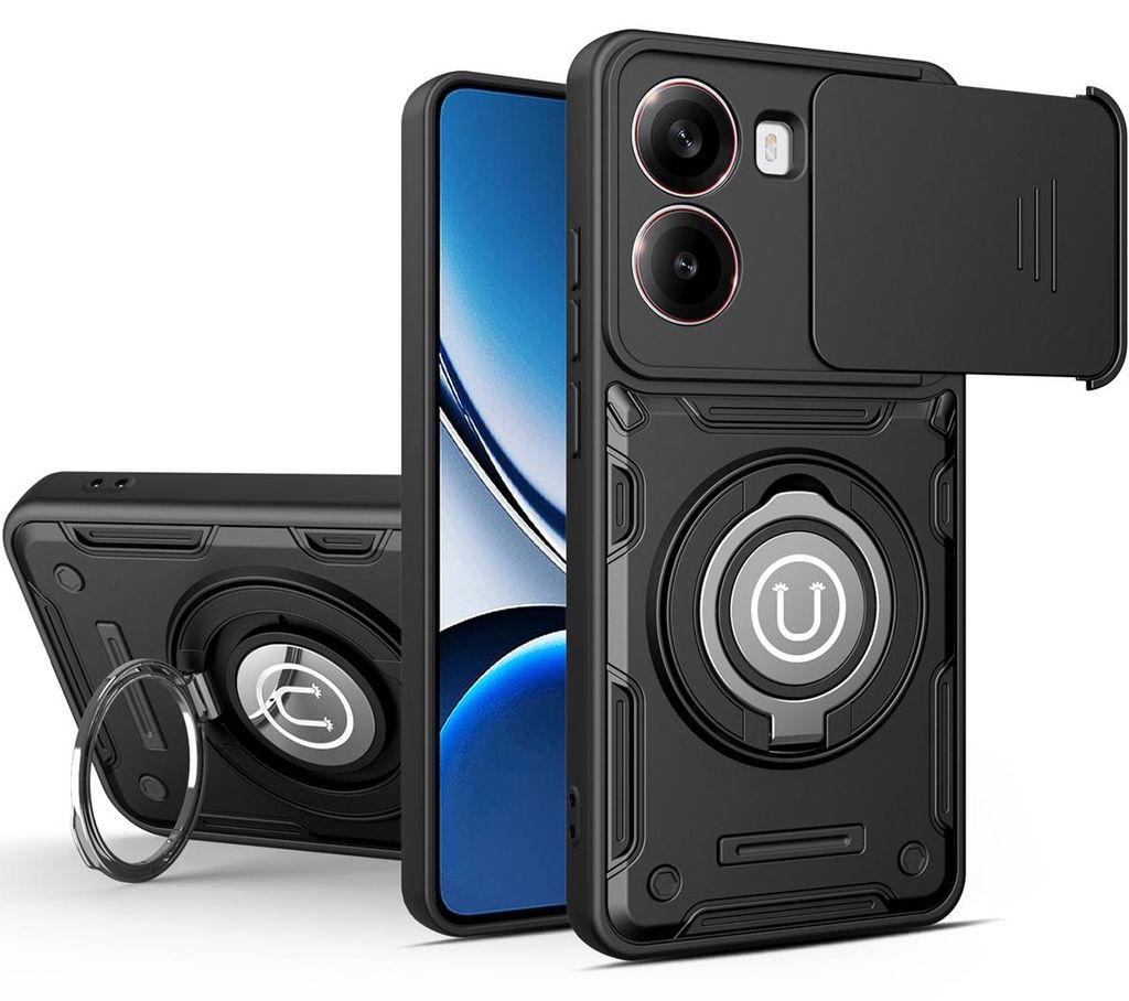 Magnetische Handyhülle für Xiaomi Poco X8 Pro/Redmi Turbo 5 mit Kameraschutz Schieber, Ringhalter und Ständer, Stoßfeste Hülle Schwarz