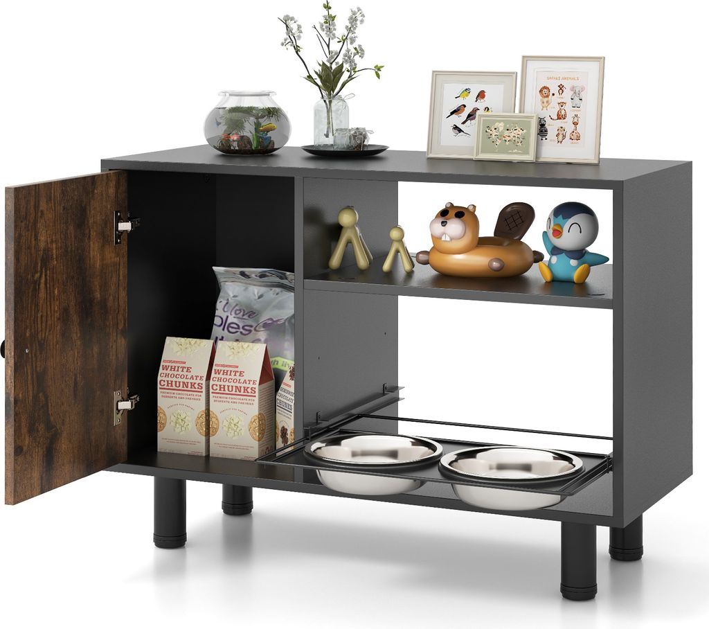 COSTWAY Haustier-Futterschrank mit 2 Edelstahlnäpfen, Ausziehbare & höhenverstellbare Futterstation, Hundefutter mit Regal & Tür Braun