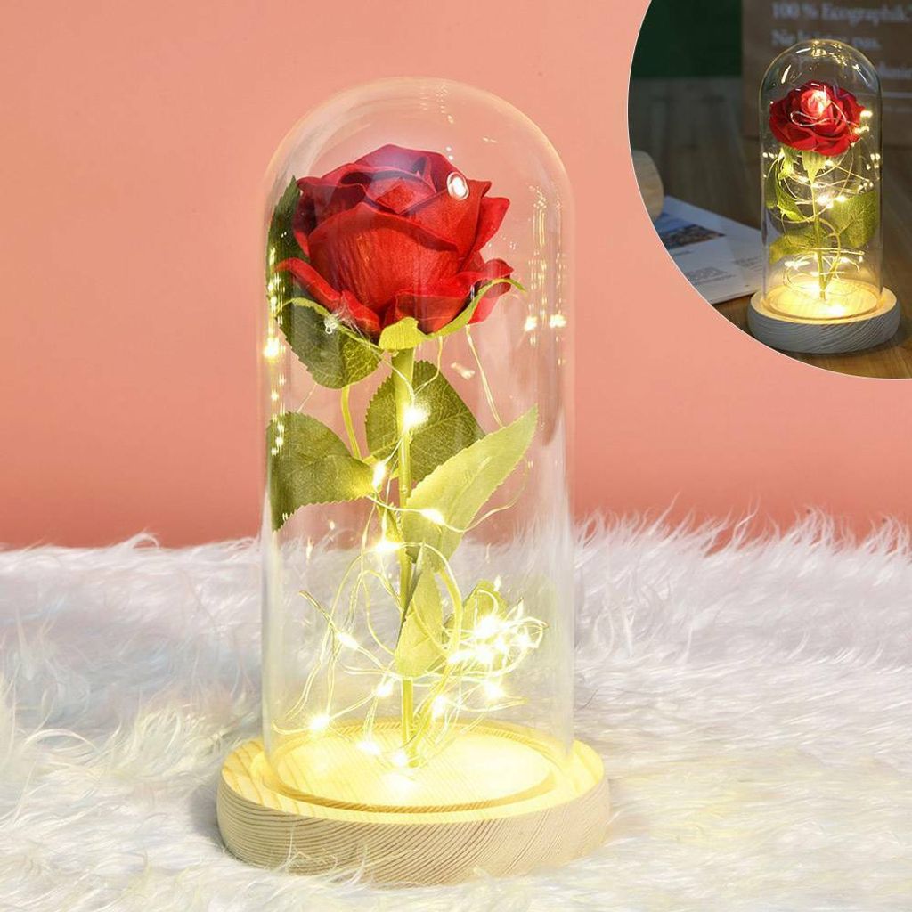 Rose im Glass Nachtlampe LED Beleuchtung Kuppel Kupferdraht Blume Lichterketten