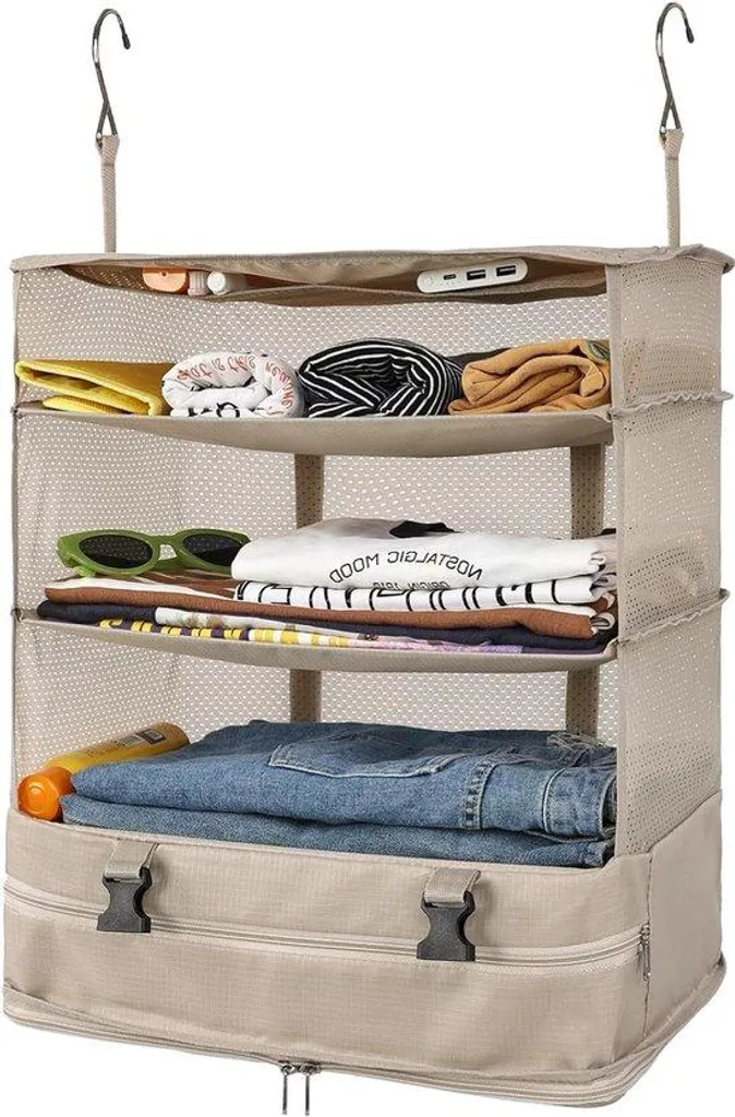 Rangement textile XL beige pour armoire avec 3 compartiments et 2 crochets