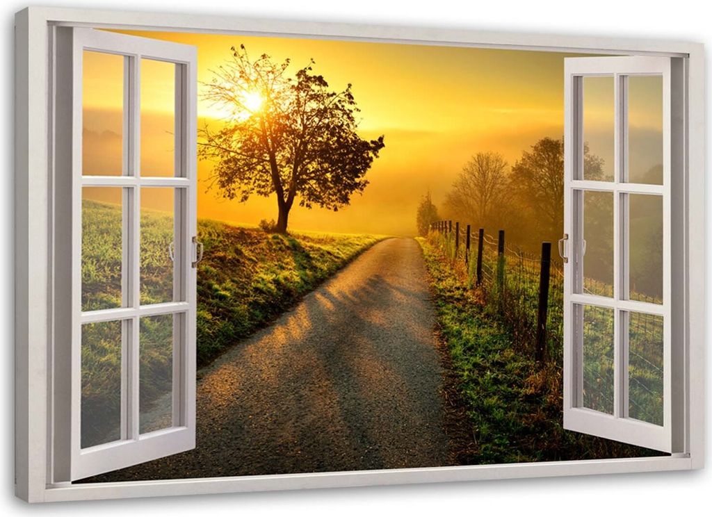 Leinwandbild fenster - sonnenuntergang über der straße 60x40 cm Feeby gelb wandbild bereit zum aufhängen