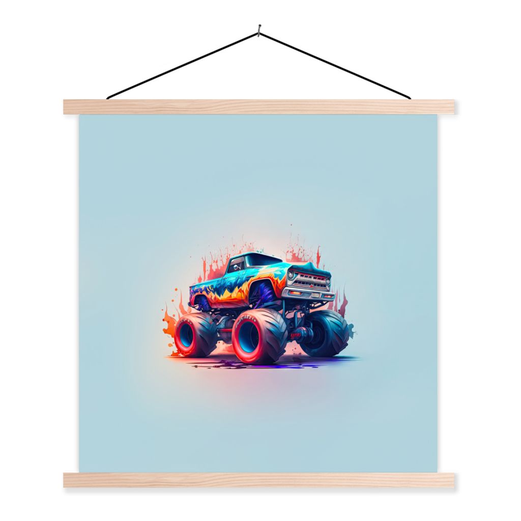 MuchoWow Textilposter Monstertruck - Flammen - Blau - Farbe - Design 40x40 cm mit holzfarbenen Rahmen - Posterleiste