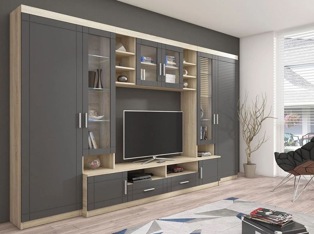 MIRJAN24 Wohnwand Paris, TV-Möbel, Anbauwand, Schrankwand, Wohnzimmer-Set (Sonoma Eiche / Graphit, mit weißer LED Beleuchtung)