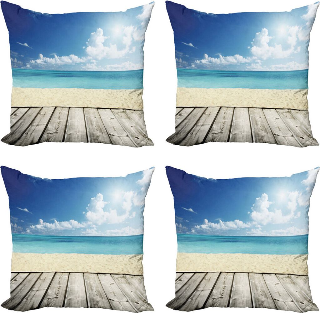 ABAKUHAUS Landschaft Kissenbezug Set (4 Stück), Exotische Ozean Wasser, Moderner Doppelseitiger Digitaldruck, 50 cm x 50 cm, Creme Türkis Weiß