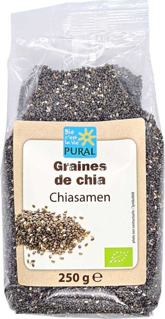 A bag of chia seeds with product information and certifications.