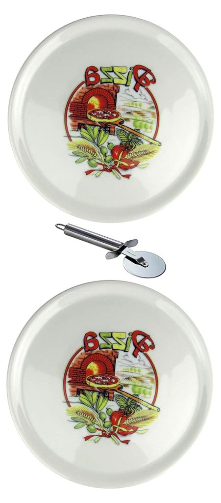 XXL Porzellan Pizzateller mit verschiedenen Motiven und Edelstahl Pizzaschneider, 2 Stück, Pizzaofen Ø31cm
