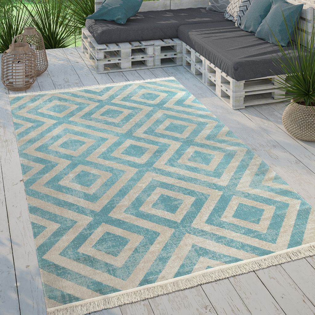 Moderner Outdoor Teppich Rauten-Muster Vintage-Look Flachgewebe Wetterfest Grösse 160x220 cm