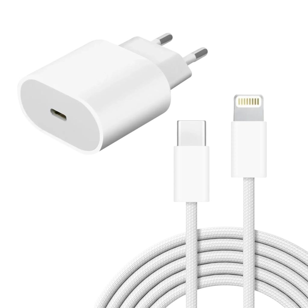 USB-C Ladegerät 20W + 1m iPhone Lightning Ladekabel – Schnellladegerät mit gesleevtem Ladekabel für iPhone 5 bis 14 Pro Max, iPad, iPod & AirPods