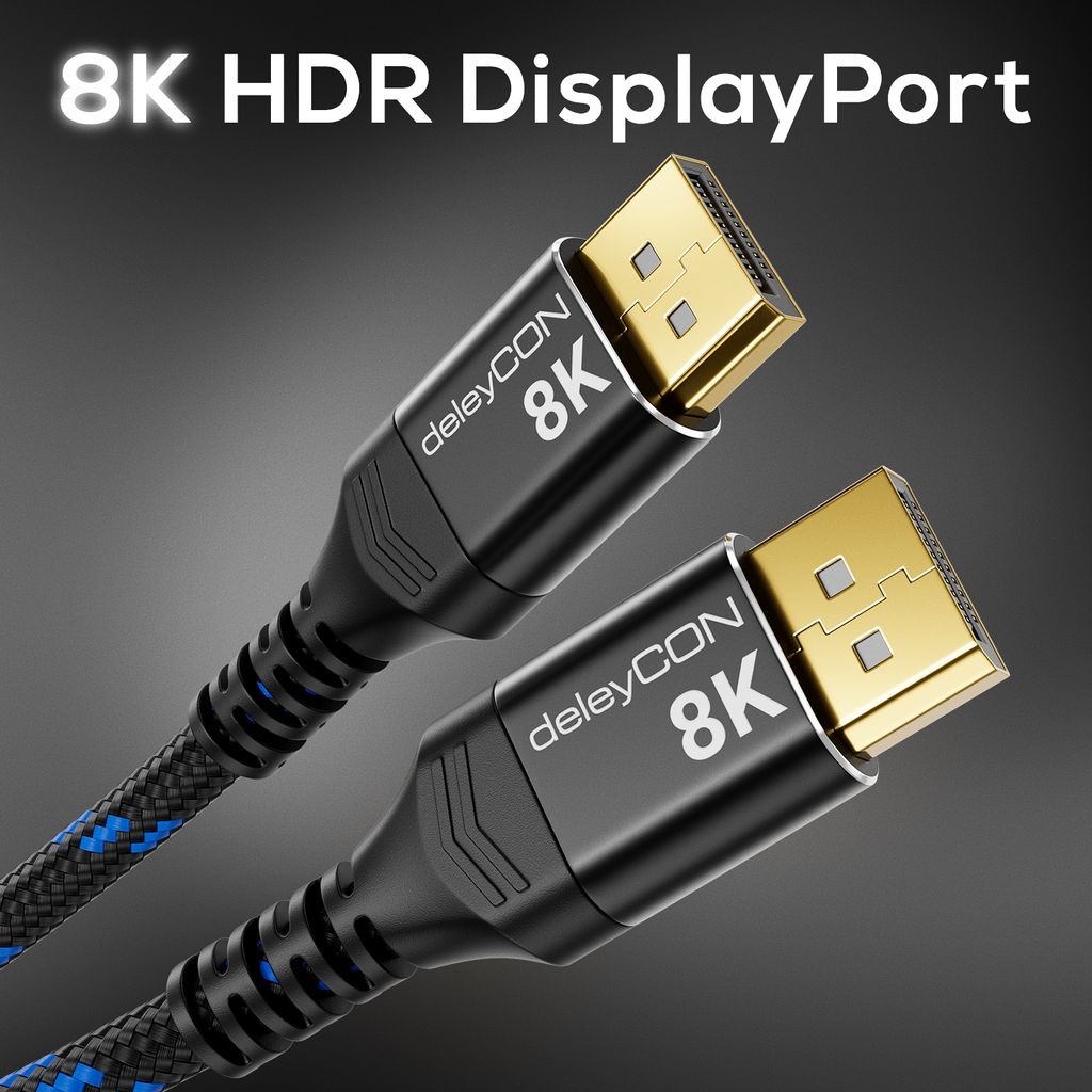 deleyCON 5m Câble DisplayPort 1.4 8K - 1080P Jusqu'à 8K - Idéal pour Les Écrans de Jeu Jusqu'à 360 Hz PC HBR3 DSC HDR-10 - Noir