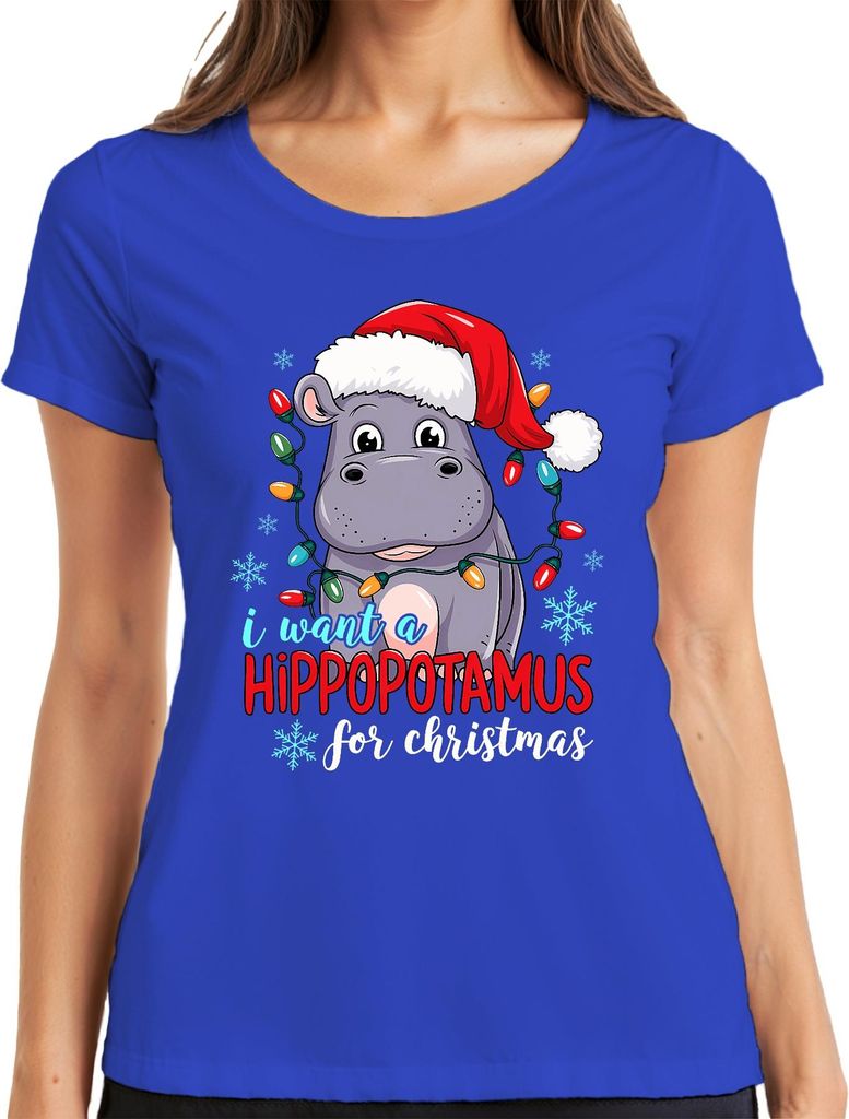 I want a Hippopotamus for Christmas lustiges Nilpferd Geschenk Damen T-Shirt, Blau, 3XL