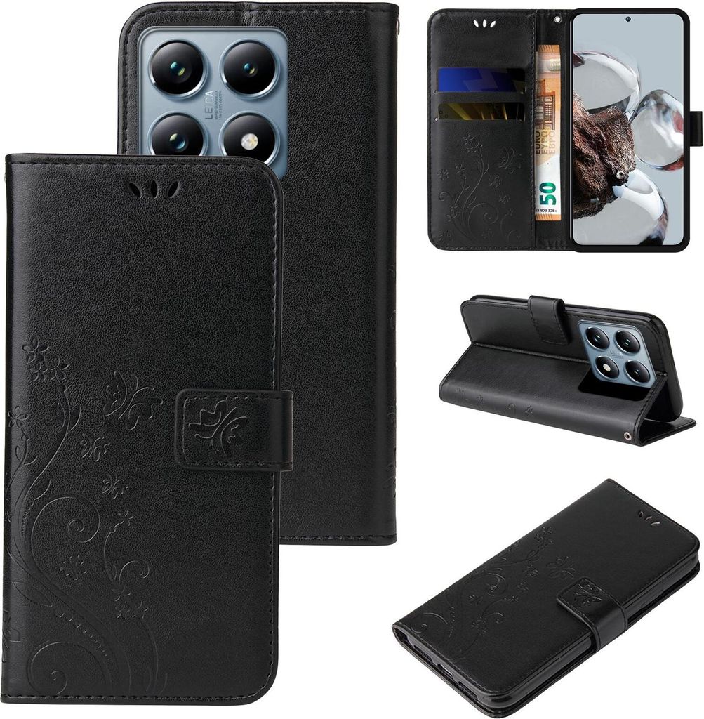 Handyhülle für Xiaomi 14T Pro Floral Blumen Schmetterling Flip Cover Hülle Case Klapphülle Handytasche Farbe: Schwarz