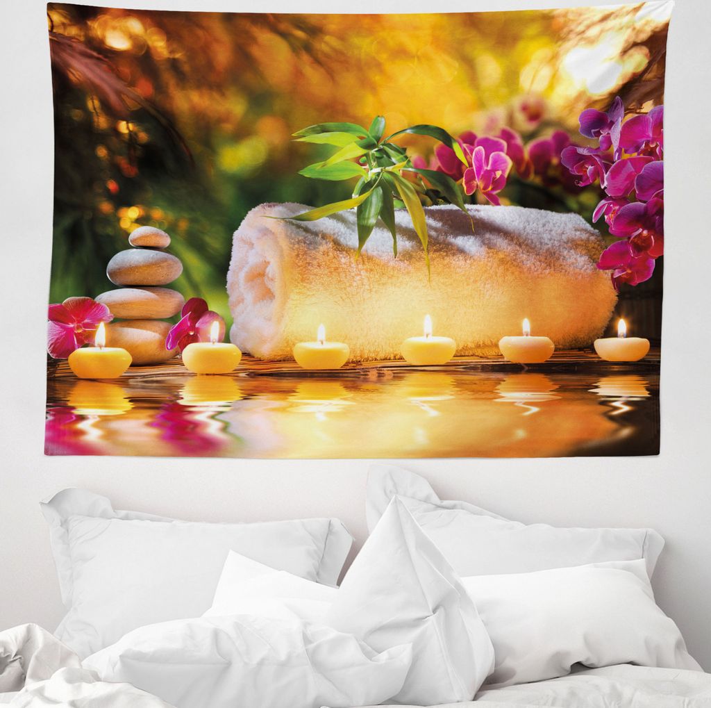 ABAKUHAUS Spa Wandteppich, Romantischer Garten aus Weiches Mikrofaser Stoff Waschbar ohne Verblassen Digitaldruck, 150 x 110 cm, Grün Weiß Lila