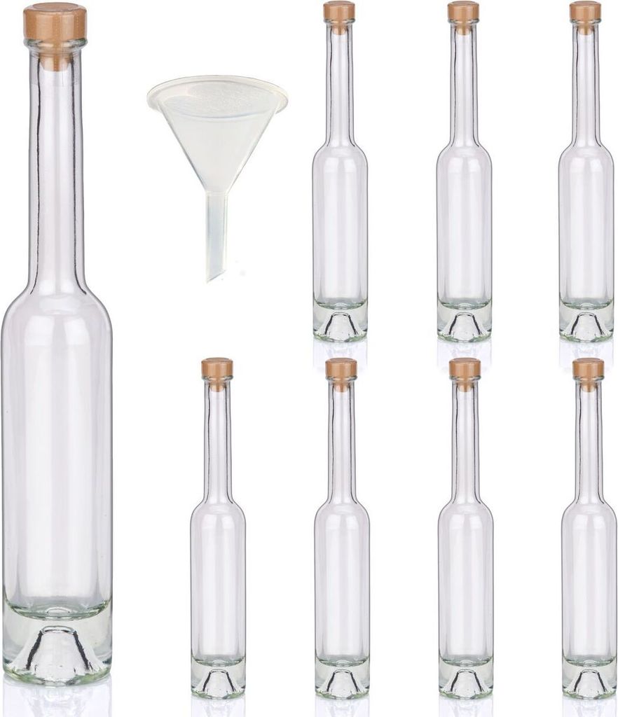Flaschen Set Glasflaschen leer je 100ml mit Trichter Korken & Kapseln, 8 Likörflaschen