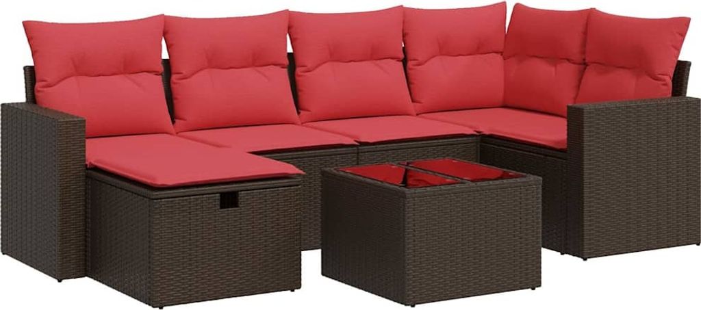 7-tlg. Garten-Sofagarnitur mit Kissen Braun Poly Rattan
