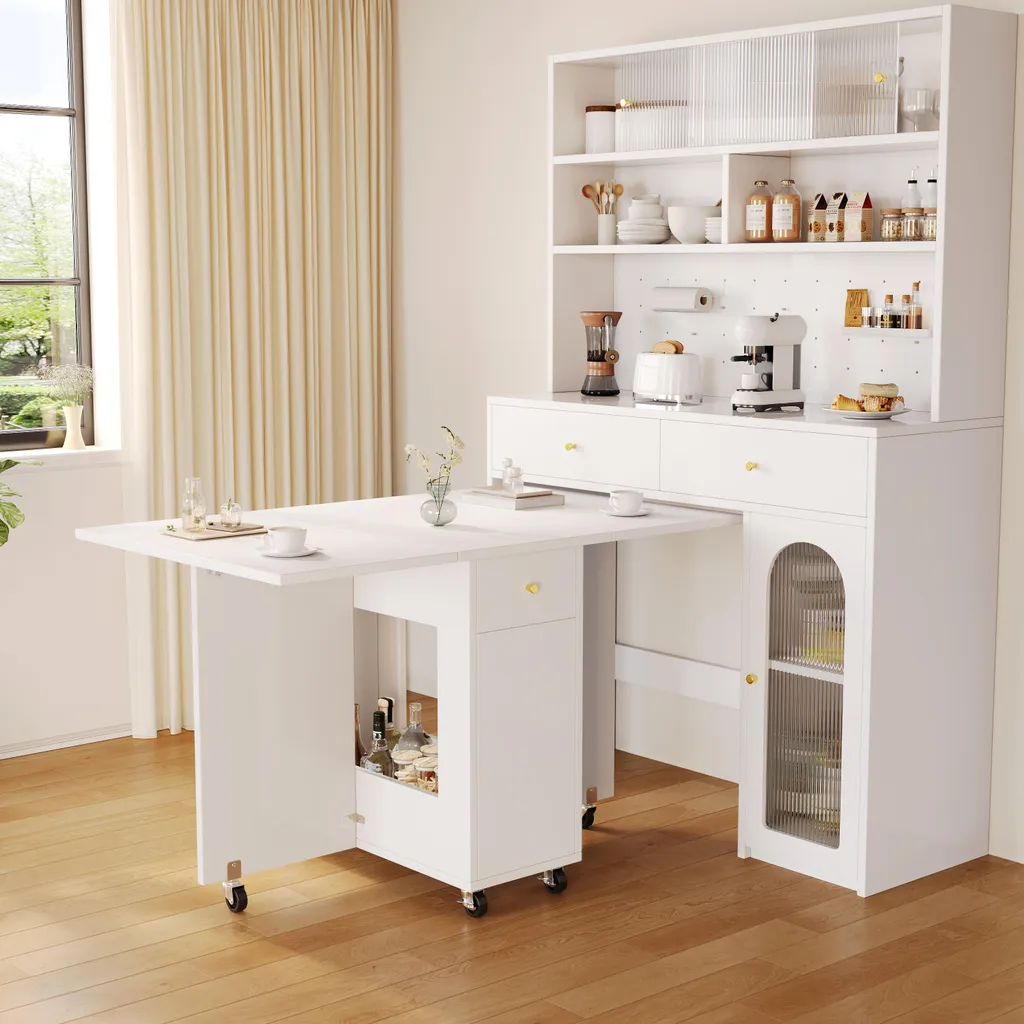 Table d'appoint mobile pliable pour cuisine avec rangement intégré blanc